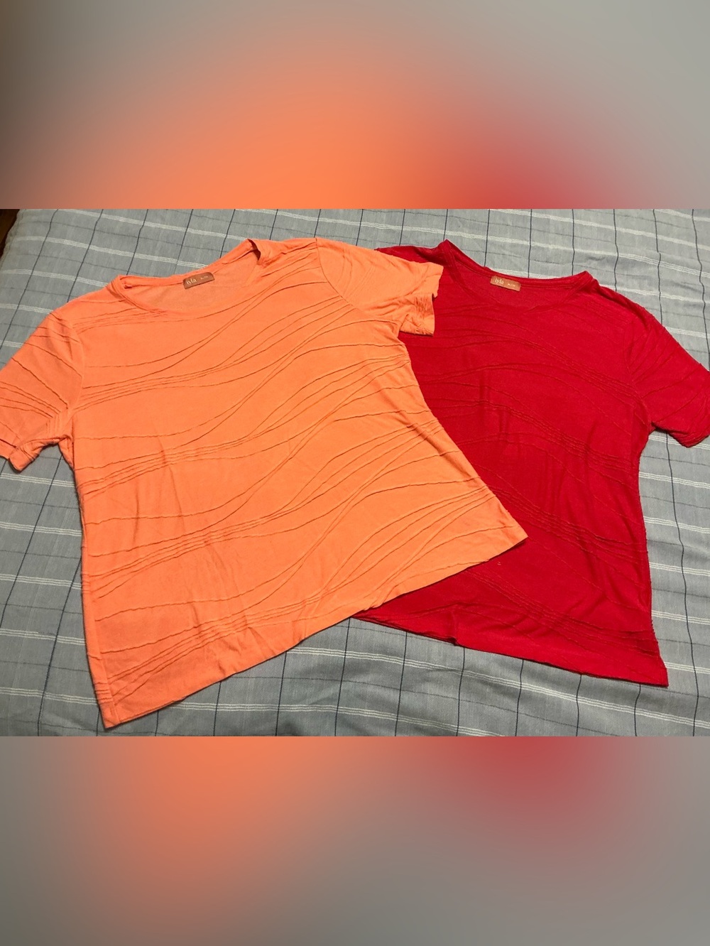 Set of Two Short-Sleeve Wave-Detail Tees in Coral and Magenta XL